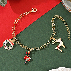 Разноцветный Рождественские браслеты с подвесками из латуни и эмали, браслеты-цепочки роло для женщин, рождественский венок, леденец и лось, с кубического циркония, красочный, внутренний диаметр: 6-7/8 дюйм (17.5 см)