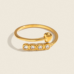 Chapado en Oro Real 18K 304 Anillos abiertos tipo brazalete con forma de corazón y diamantes de imitación de acero inoxidable para mujer, real 18 k chapado en oro, tamaño de EE. UU. 7 (17.3 mm)