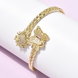 Золотой Латунные браслеты-манжеты с микропаве из кубического циркония для женщин, подсолнух и бабочка, золотые, внутренний диаметр: 1.85x2.17 дюйм (4.7x5.5 см)