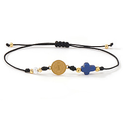 Синий Браслеты ручной работы из латунных звеньев, Браслеты из окрашенных синтетических бирюзовых бусин, плетеные из бусин, для женщин и мужчин., Плоская круглая фигурка со святым Бенедиктом и крестом., синие, 11.02 дюйм (28 см)