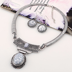 Античное Серебро Овальные синтетические бирюзовые подвески и комплекты серег-подвесок. Комплекты ювелирных изделий из сплава, античное серебро, 400 мм