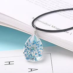 Bleu Ciel Collier avec pendentif en forme de larme, fleur séchée intérieure en verre transparent, cordon ciré noir, bleu ciel, 17.72 pouce (45 cm)