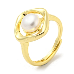 Real 14K Gold Plated Brass Rhombus Adjustable Rings, with Natural Pearl, Real 14K Gold Plated, US Size 6 3/4(17.1mm)