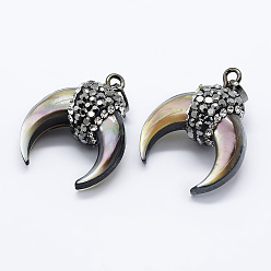 Разноцветный Оболочки губ натуральный черный подвески, С обретением латуни и горный хрусталь, двойной рог / полумесяц, металлический черный , красочный, 24~25x20~22.5x7~12 мм, отверстие : 4x6 мм