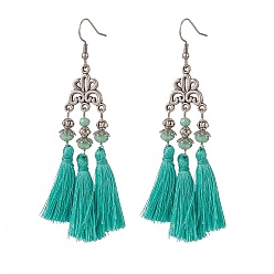 Светлый Морско-зеленый Кисточка из полиэстера с серьгами-люстрами из стеклянных бусин, 316 длинные серьги-капли из хирургической нержавеющей стали с цветком для женщин, светло-зеленый, 88 мм, штифты : 0.6 мм