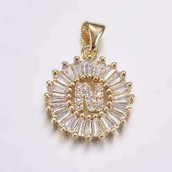 Letter N Долговечные покрытые и стойки латунные микропроволочные кубические буквы из циркония, плоско-круглые, реальный 18 k позолоченный, letter.n, 19x15.5x2.5 мм, отверстие : 3.5x4 мм