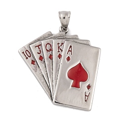 Red 304 Stainless Steel Pendants, with Enamel, Playing Card Charm, Stainless Steel Color, Red, 42x41.5x4mm, Hole: 9x5mm