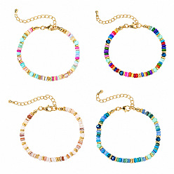 Mixed Color 4 Colors Bohemian Dyed Natural Shell Heishi Beaded Bracelet Sets, Adjustable Stackable Bracelets with Brass End Chains and Glass Beads, Golden, Mixed Color, 6.50 inch(16.5cm)~6.69 inch(17cm), 4pcs/set