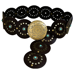 Черный Мужские ремни-монеты из винтажного сплава, синтетической бирюзы и искусственной кожи с дисковыми монетами, античная бронза, чёрные, 1150x90x2.5~8.5 мм