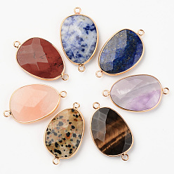 Смешанные камни Природный драгоценный камень ссылки, с латунными петлями по краям, покрытыми светлым золотом, смешанный природный драгоценный камень, овальные, граненые, 38x22.5x6 мм, отверстие : 2 мм