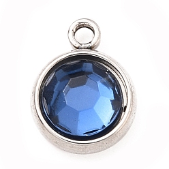 Капри Синий 304 прелести нержавеющей стали, с акриловыми стразами, очарование камня, граненые, плоско-круглые, цвет нержавеющей стали, Капри синий, 10x8x4 мм, отверстие : 1.3 мм
