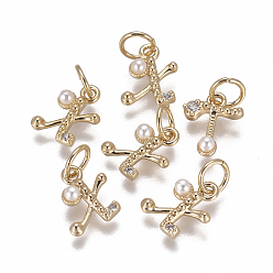 Letter X Латунь прелести, с фианитами и оболочки жемчужиной шарик, буквы, золотые, прозрачные, letter.x, 9.5~11x3.5~10.8x3~3.5 мм, отверстие : 3.5 мм