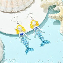 Blue Copper Wire with Glass Beads Dangle Earrings, Mermaid, Baking Paint Glass Pearl Round Bead, Platinum, Blue, 88x24.5mm