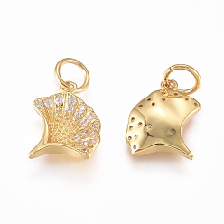 Golden Brass Charms, with Micro Pave Cubic Zirconia and Jump Rings, Ginkgo, Clear, Golden, 10.5x11x2.5mm, Hole: 3.5mm