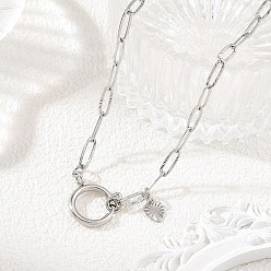 Stainless Steel Color 304 Stainless Steel Textured Paperclip Chain Necklaces with Spring Ring Clasps and Leaf Charms, Tarnish Free, Stainless Steel Color, 17.52 inch(44.5cm)
