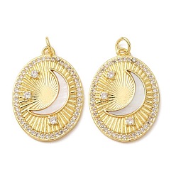 Oval Brass Micro Pave Clear Cubic Zirconia Pendants, with Natural Shell, Golden, Oval with Moon Charm, 26x18.5x2.5mm, Hole: 3mm