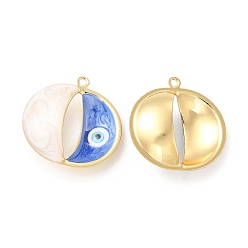 Blue Brass Pendants, with Enamel, Real 18K Gold Plated, Long-Lasting Plated, Cadmium Free & Nickel Free & Lead Free, Flat Round with Evil Eye Charms, Blue, 25x25x8mm, Hole: 1.4mm
