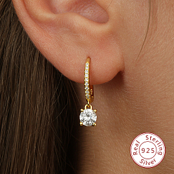 Golden 925 Sterling Silver Hoop Earrings, Clear Cubic Zirconia Drop Earrings, with 925 Stamp, Golden, 22x5mm