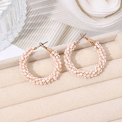 Розовый Серьги-кольца из железного стекла и бисера в стиле бохо, золотые, туманная роза, 38x35 мм