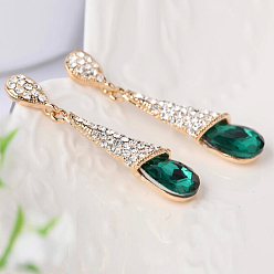 Emerald Real 18K Gold Plated Brass Rhinestone Teardrop Stud Earrings, Emerald, 46x10mm