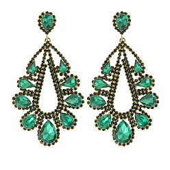 Изумруд Серьги-гвоздики из латуни с каплевидной формой и стразами, изумруд, 80x43 мм