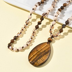 Tiger Eye Natural Tiger Eye Teardrop Pendant Glass Beaded Long Necklaces, 31.50 inch(80cm)