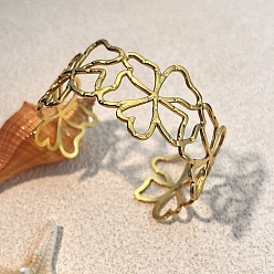 Настоящее золото 18K Полые 304 браслеты-манжеты из нержавеющей стали для женщин, цветок, ионное покрытие (ip), реальный 18 k позолоченный, внутренний диаметр: 2-1/2x2-1/4 дюйм(6.4x5.7см) дюйм