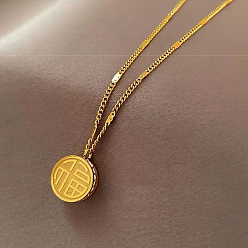 Золотой 304 Женские кулоны-подвески из нержавеющей стали с кристаллами и стразами, плоскими и круглыми, с китайскими иероглифами, золотые, 16.54 дюйм (42 см)