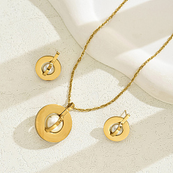 Настоящее золото 18K Комплекты из круглых подвесок и серег-гвоздиков из нержавеющей стали для женщин, с имитацией жемчуга, реальный 18 k позолоченный