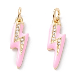 Pink Латунные микропаве прозрачные подвески с фианитом, с эмалью и прыжковым кольцом, долговечный, удар молнии, реальный 18 k позолоченный, розовые, 19x5.5x2 мм, отверстие : 3.6 мм