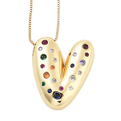 Letter V Латунные ожерелья с подвесками в виде букв из микрофибры с кубическим цирконием, реальный 18 k позолоченный, Буква V, 17.40~17.80 дюйм (44.2~45.2 см), Кулон : 27.5x23.5 мм