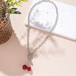 Красный Ожерелья с подвесками из вишневого цинкового сплава и пластика ccb, 304 из нержавеющей стали кабель цепи ожерелья, цвет нержавеющей стали, красные, 16.93 дюйм (43 см)