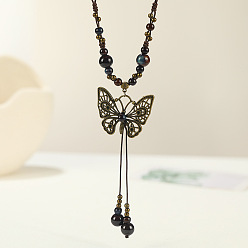Кокосово-Коричневый Длинные ожерелья с подвеской в виде бабочки из сплава и фарфора в этническом стиле для женщин, античная бронза, кокосового коричневый, 15.75~31.50 дюйм (40~80 см)