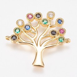 Golden Brass Micro Pave Cubic Zirconia Links, Cadmium Free & Lead Free, Tree, Colorful, Golden, 25x26x2mm, Hole: 1mm