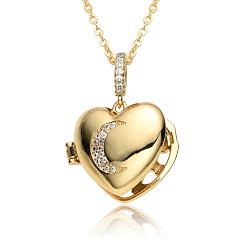 Moon Brass Micro Pave Cubic Zirconia Locket Necklace, Picture Photo Necklace for Mother's Day, Moon, 16.14~19.69 inch(41~50cm), Pendant: 20x23mm