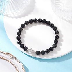 Обсидиан Натуральный обсидиан 9мм, круглые эластичные браслеты из бусин для женщин, браслеты из латунных звеньев с микропаве из кубических цирконий, платина, внутренний диаметр: 2-3/8 дюйм (6 см)