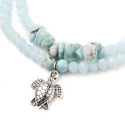 Light Cyan Stretch Bracelets Sets, Stackable Bracelets, with Sea Turtle Alloy Pendants, Rondelle Glass Beads, Natural Larimar & Turquoise(Dyed) Beads, Antique Silver, Light Cyan, Inner Diameter: 2-1/8 inch(5.5cm), 2pcs/set