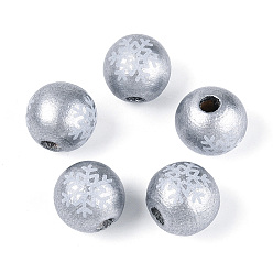 Серебро Рождественские деревянные бусины сима, окрашенные распылением, круглый с рисунком снежинки, печатные бисера, серебряные, 15.5~16x15 мм, отверстие : 4~5 мм