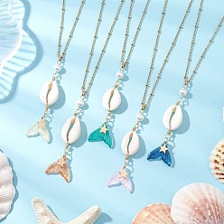 (52) Непрозрачная лаванда Ожерелья с подвеской в виде хвоста русалки из натуральной ракушки каури, стекла и жемчуга, 304 ожерелья-цепочки из нержавеющей стали для женщин, золотые, разноцветные, 17.72 дюйм (45 см)