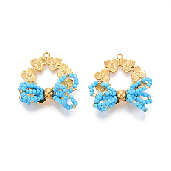 Темно-Голубой 304 подвески из нержавеющей стали, клевер и бант, со стеклянными бисеринами, реальный 18 k позолоченный, ионное покрытие (ip), глубокое синее небо, 27~29x26~29x6.5~8 мм, отверстие : 1.8 мм