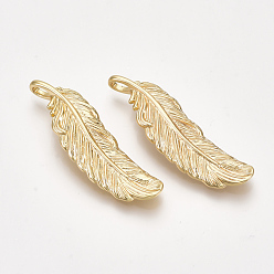Real 18K Gold Plated Brass Pendants, Feather, Nickel Free, Real 18K Gold Plated, 35.5x10.5x4mm, Hole: 3.5x2mm