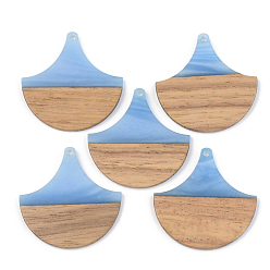 Cornflower Blue Opaque Resin & Walnut Wood Pendants, Fan, Cornflower Blue, 38x38x3mm, Hole: 2mm