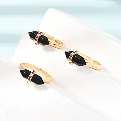 Black Agate Brass Micro Pave Cubic Zirconia Cuff Open Rings for Women, Bullet, with Natural Black Agate, Rack Plating, Long-Lasting Plated, Lead Free & Cadmium Free, Real 18K Gold Plated, US Size 7 1/4(17.5mm)