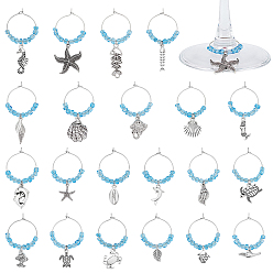 Платина 21шт стеклянные подвески для бокалов для вина, с сплава прелести, морские животные, латунное кольцо-подвеска для бокала для вина, платина, 38~60 мм, 21 шт / комплект