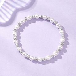 Белый Браслеты из полимерной глины, стразов и ракушек, эластичные, для женщин, круглые, белые, бисер: 4.5 мм & 6.5 мм, внутренний диаметр: 2.17 дюйм (5.5 см)