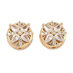 Настоящее золото 18K Латунные звенья с инкрустацией прозрачным кубическим цирконием, плоские круглые с цветком, реальный 18 k позолоченный, 13x13x7.5 мм, отверстия : 1.6 mm и 1.4 мм