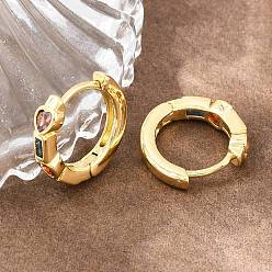 Real 16K Gold Plated Brass Pave Cubic Zirconia Hoop Earrings, Heart with Rectangle, Real 16K Gold Plated, 15.5x4mm