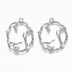 Real Platinum Plated Brass Pendants, Leafy Branches, Nickel Free, Real Platinum Plated, 30~31x22~24x3mm, Hole: 1.8mm