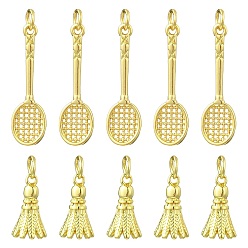 Oro 12 piezas 2 estilos colgantes de latón, dijes de bádminton y raquetas de bádminton, con anillo de salto, dorado, 14.5~28.5x7.5~8.5x2.5~7.5 mm, agujero: 3.5 mm, 6 piezas / estilos