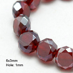 Темно-Красный Гальванические стеклянные бусины, с половиным покрытием, граненые, матовые, темно-красный, 6x3 мм, отверстие : 1 мм, около 100 шт / нитка, 20 дюйм (52 см)
